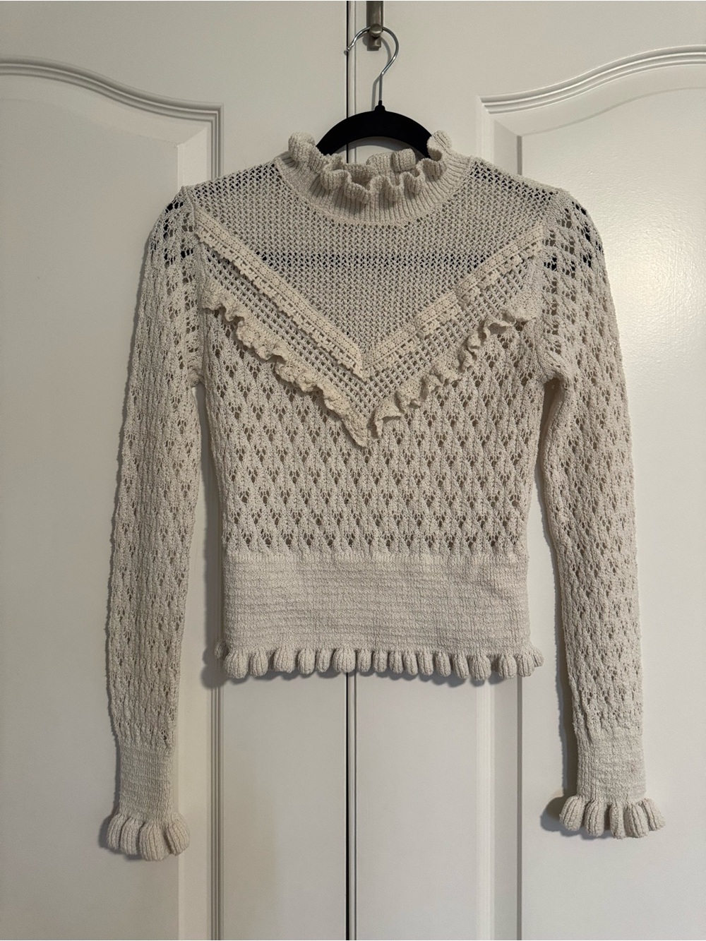 Zara Cream Ruffle Trim Openwork Knit Sweater